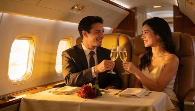 Couple toasting champagne in private jet cabin during golden hour luxury travel romance