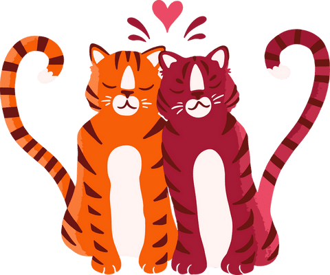 Transparent flat design striped cats cuddling with heart icon
