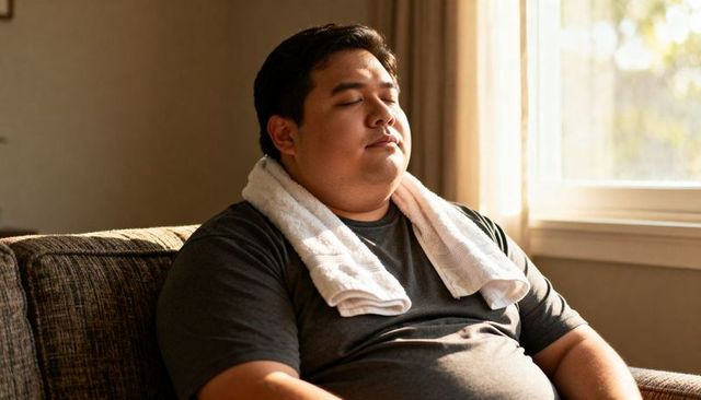Relaxing man sitting on sofa wearing white towel and dark t-shirt in sunlit living room