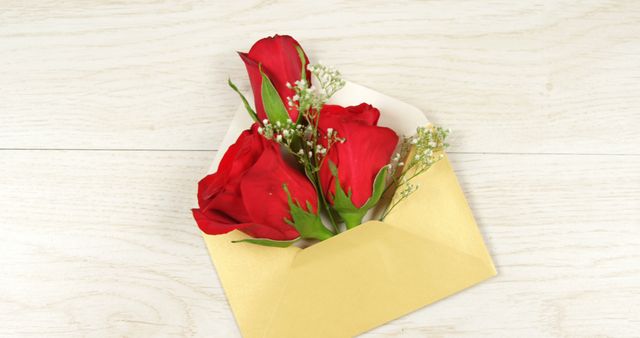 Red roses and baby's breath arranged in an open envelope on light wooden surface. Ideal for romantic occasions, love messages, Valentine's Day greetings, and floral-themed cards.