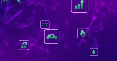 Electric car icon pulsing on neon network infographic for EV sustainability, energy, data