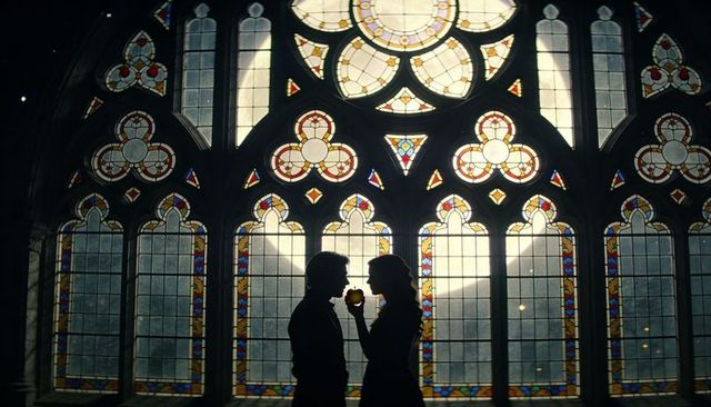 Standing couple holding apple against gothic stained-glass window, romantic silhouette