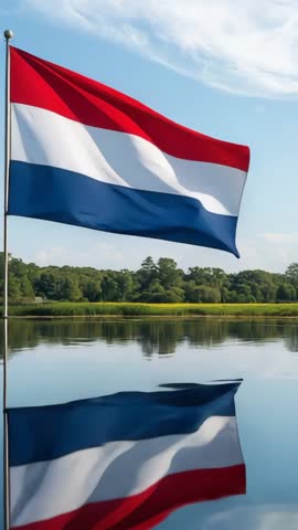 Vertical video of red-white-blue flag waving over tranquil lake reflecting green landscape
