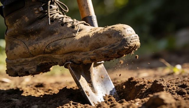 Muddy work boot pressing shovel blade into soil, close-up gardening digging action