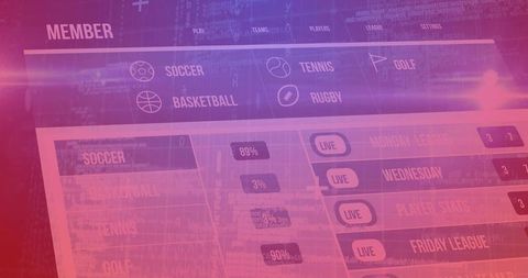 Magenta Sports Dashboard Interface with Live Buttons and Performance Metrics