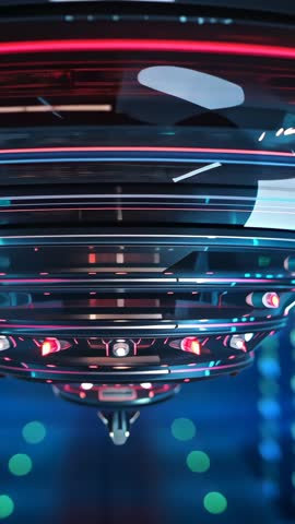 Ringed sci-fi device spinning with pulsing LEDs in futuristic vertical chamber