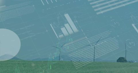 Wind Turbines in Field with Digital Data Overlays