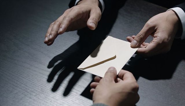 Two business hands exchanging sealed envelope on dark table conveying confidential transfer