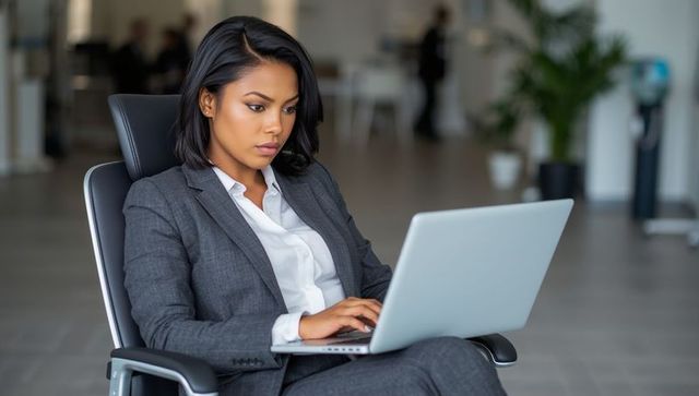 Focused Business Professional Working on Laptop in Modern Office Lobby