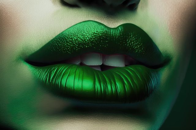 Close up of female lips with metallic green lipstick, created using generative ai technology. Female face, make up and beauty concept digitally generated image.