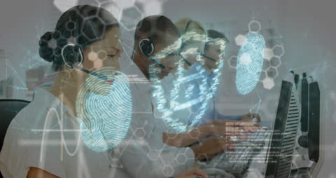 Call Center Agents Analyzing Data with Futuristic Overlays
