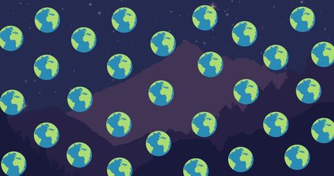Digital earth repeated over nighttime mountain landscape
