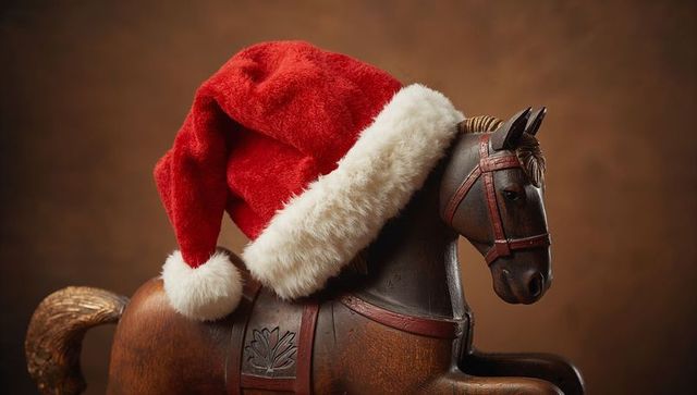 Vintage wooden rocking horse wearing santa hat, handcrafted toy holiday decor and nostalgia