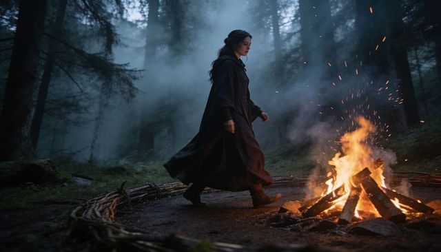 Cloaked woman walking around campfire in misty forest, circling ring of branches, by firelight