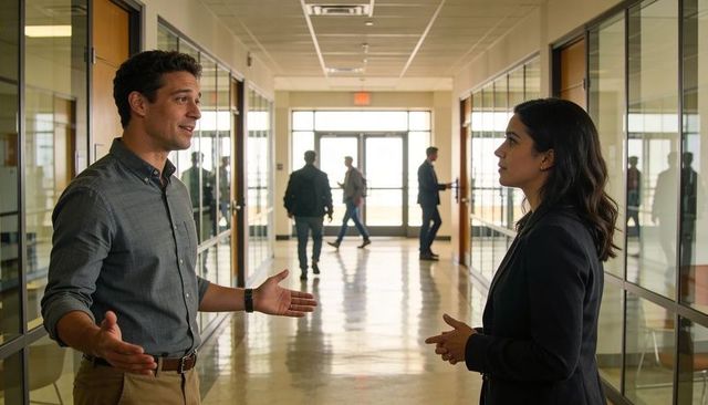 Colleagues discussing in glass-walled office corridor during daylight