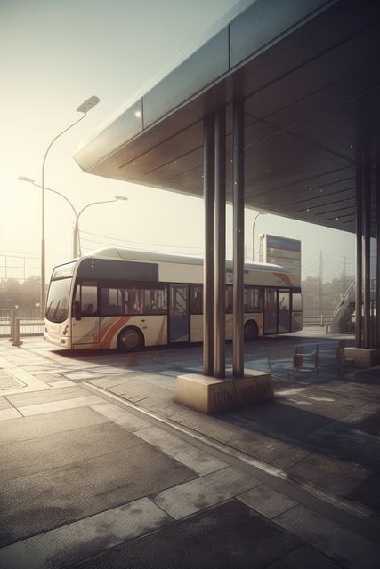 Depicts desolate public bus station with modern architecture illuminated by early morning light. Could be used for themes related to urban life, early morning commutes, public transportation advertising, or modern city infrastructure.