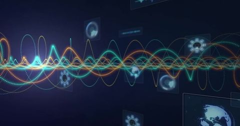 Futuristic waveform dashboard with digital tech icons