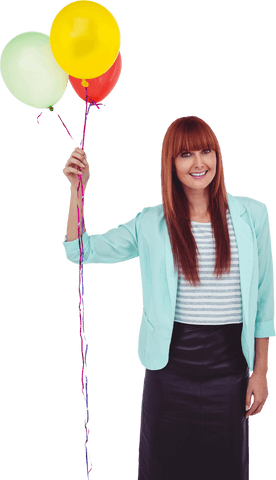 Smiling Hipster Woman with Colorful Balloons on Transparent Background