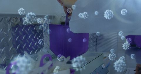 Scientist Conducting Reasearch with Virus Graphic Overlay in Laboratory