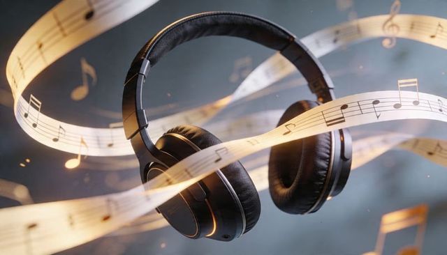 Floating black over-ear headphones with swirling golden musical staff ribbons and glowing notes