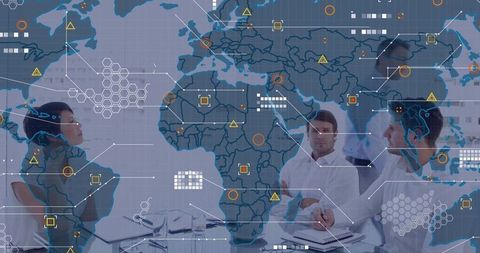 Global strategy meeting with augmented analytics overlay showing team collaboration