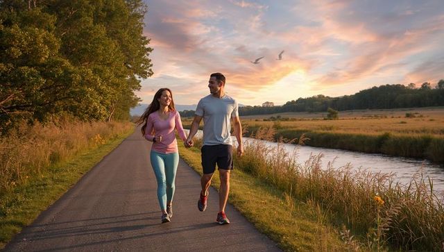 Couple walking hand in hand along canal path at golden sunset for fitness and romance
