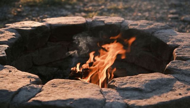 Glowing stone ring fire pit with flickering flames and smoldering logs at golden hour