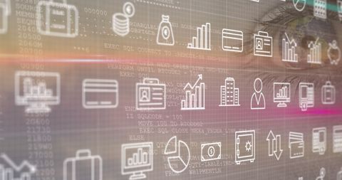 Digital screen with finance and technology icons over cityscape