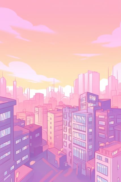 Illustration captures a sunset over a city's modern skyline, showcasing buildings in pink and purple tones. Useful for urban planning presentations, backgrounds for promotional materials, and websites focused on city living or travel.