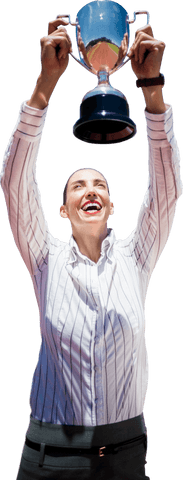 Smiling Businesswoman Celebrating with Trophy on Transparent Background
