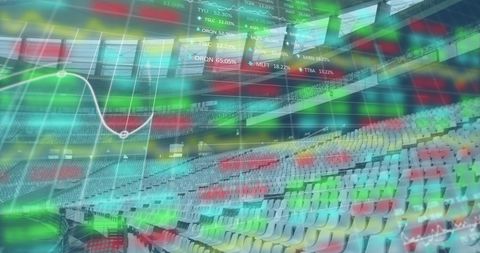 Digital Data Overlapping an Empty Rugby Stadium Scene
