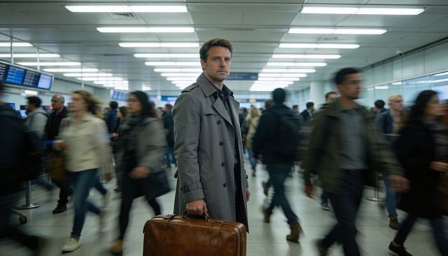 Solo business traveler standing in crowded airport concourse holding leather suitcase