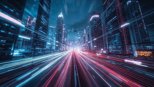 Futuristic Cityscape with Neon Lights and Speeding Cars