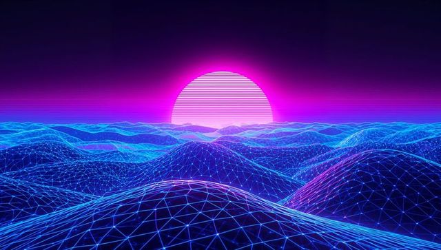Neon Wireframe Terrain at Digital Dawn Sunset