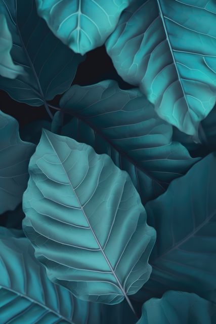 Close-up view of blue tropical leaves displaying detailed veins and an abstract pattern. Suitable for use in eco-friendly campaigns, botanical and nature-themed designs, lifestyle blogs, wallpapers, backgrounds, and interior design projects emphasizing natural beauty and intricate plant details.