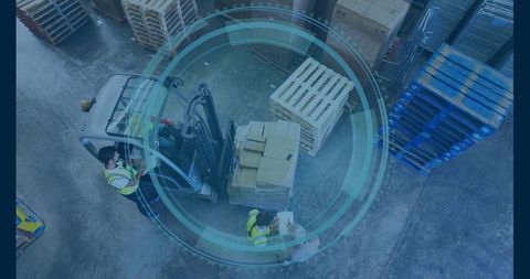 Forklift operator coordinating pallet pickup with tablet and hud overlay in warehouse