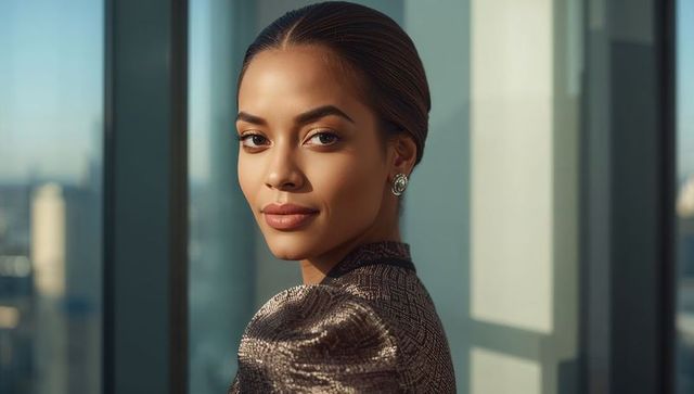 Confident executive woman turning toward camera in high-rise office with metallic blazer