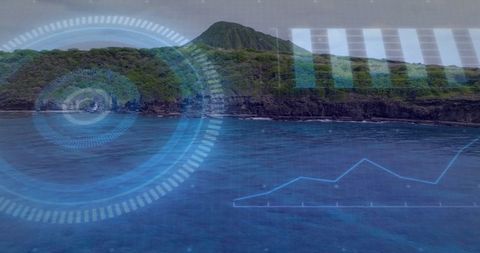 Forested Island and Ocean with Digital Data Overlay