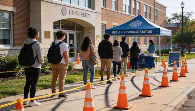 University students waiting in socially distanced line at outdoor health response station