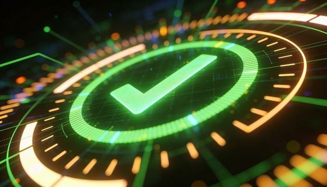 Glowing Green Check Pulsing in Futuristic HUD Interface with Orange Ticks and Grid
