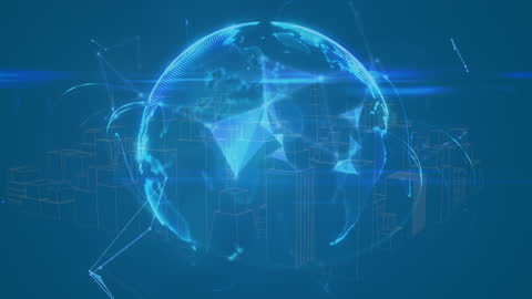 Futuristic Globe with Digital Connections Over Virtual Cityscape