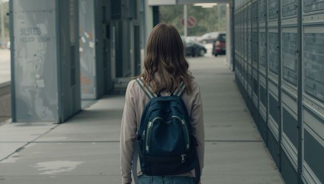Young woman walking along urban platform with teal backpack and light jacket