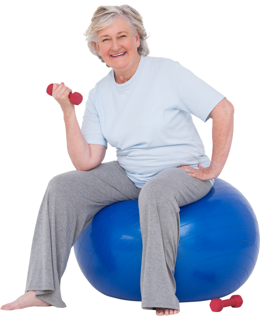 Senior Woman Exercising on Transparent Ball with Weights - Download Free Stock Videos Pikwizard.com