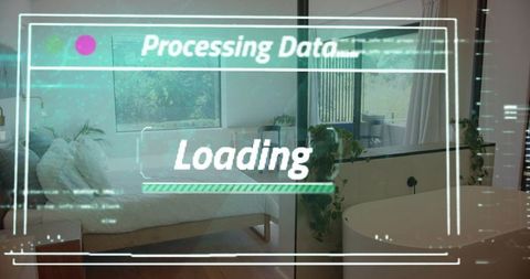 Augmented reality hud showing processing data loading bar over modern minimalist apartment
