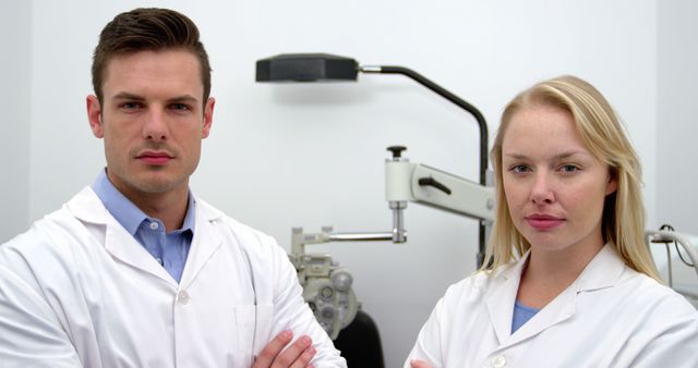 Two optometrists in white lab coats posing confidently in a modern eye clinic, suggesting professionalism and expertise. Ideal for use in healthcare promotions, medical websites, or educational materials about optometry and eye care.