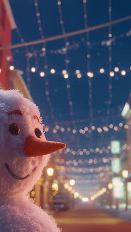 Panning camera revealing snowman on string-lit street, festive evening bokeh for vertical video