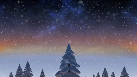 Enchanting Winter Night with Snowfall and Pine Trees