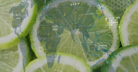 Glowing lime macro overlaying digital world map and tech infographic elements