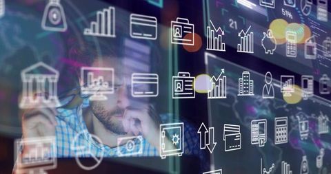 Man analyzing financial dashboards across multiple monitors with floating analytics icons