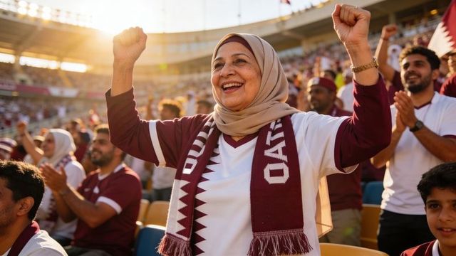 Cheering woman wearing hijab and qatar scarf celebrating victory in stadium